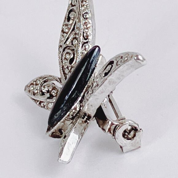 Vintage Silver Tone Butterfly Brooch Black Glass Marcasite Style 1970s - Picture 7 of 10